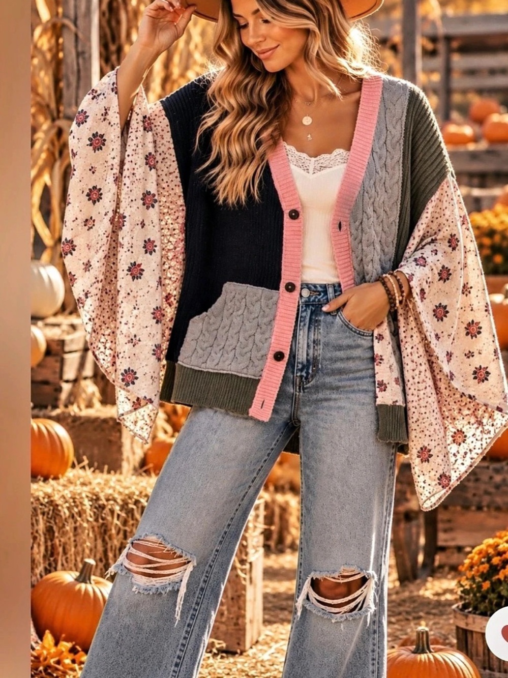POL Floral Patchwork Cardigan in Black & Pink- oversized medium